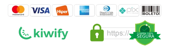 Compra segura Kiwify: Mastercard, Visa, Hiper, American Express, Diners, Pix e Boleto